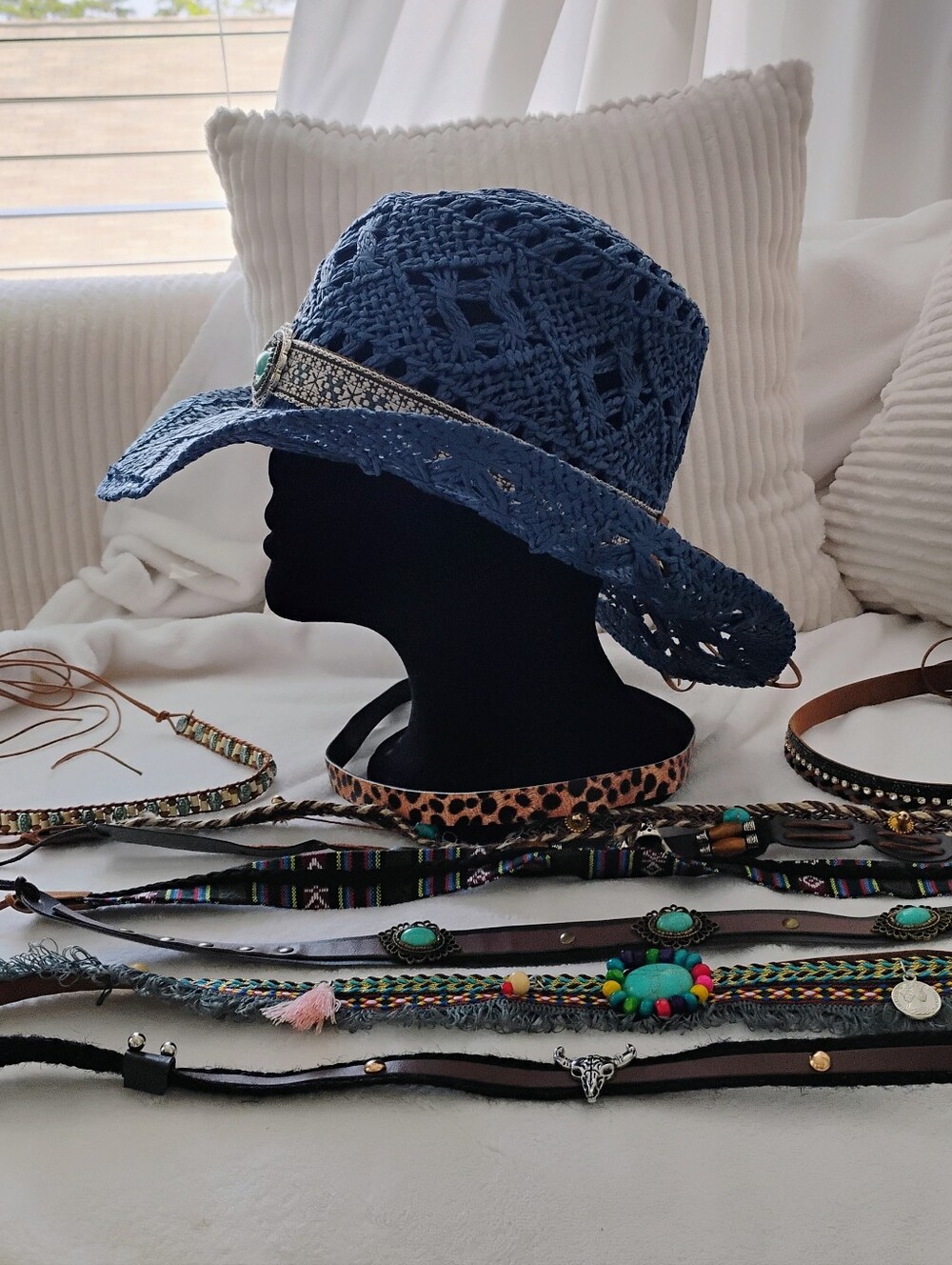 The Steve madden Denim Raffia Straw Hat - Blue Crochet Sun Hat - Picture 5 of 7